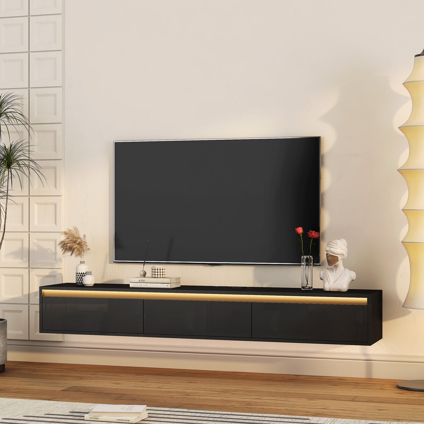 Floating TV Stand with LED Lights - Wall Mounted Entertainment Center with Storage Shelves, Power Outlets & USB Ports (Black High Gloss)