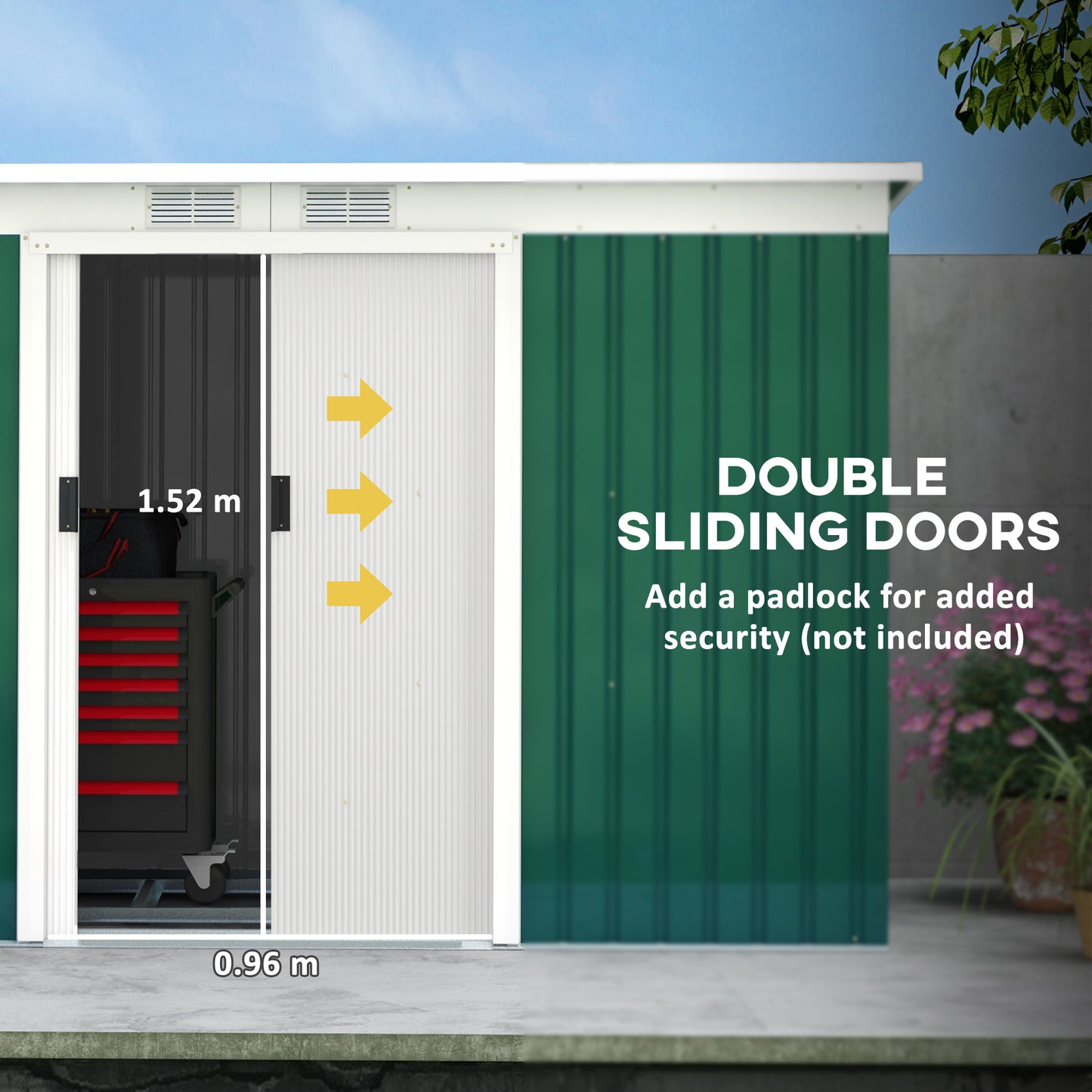 9 x 4.5 ft Lean-to Metal Storage Shed - Green Outdoor Garden Shed with Sliding Doors, Ventilation & Foundation Frame.