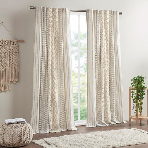 Ivory Boho Cotton Curtain Panel with Chenille Stripe - 50 x 84 Light Filtering Window Curtain (Single Panel)