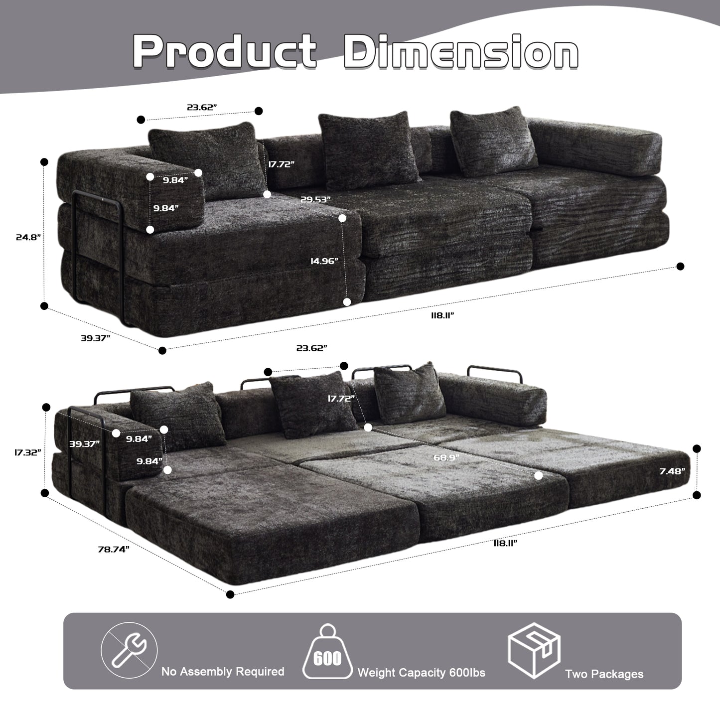 Modular Compression Sofa Bed - Convertible 3-Seater Floor Sofa with Memory Foam | Black Chenille Sleeper Sectional