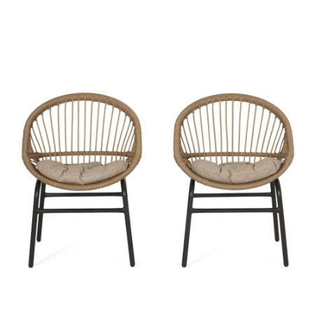 Boho Wicker Patio Chair Set of 2 with Cushions - Indoor/Outdoor Rattan Accent Chairs with Metal Frame, Brown/Beige