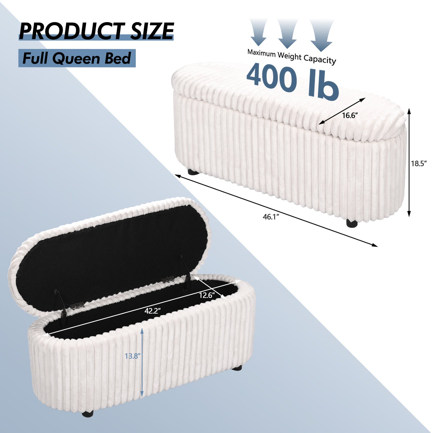 White Upholstered Storage Bench Ottoman - Ribbed Flip-Top Entryway Bench with Hidden Storage, MDF Frame & 400 lb Capacity