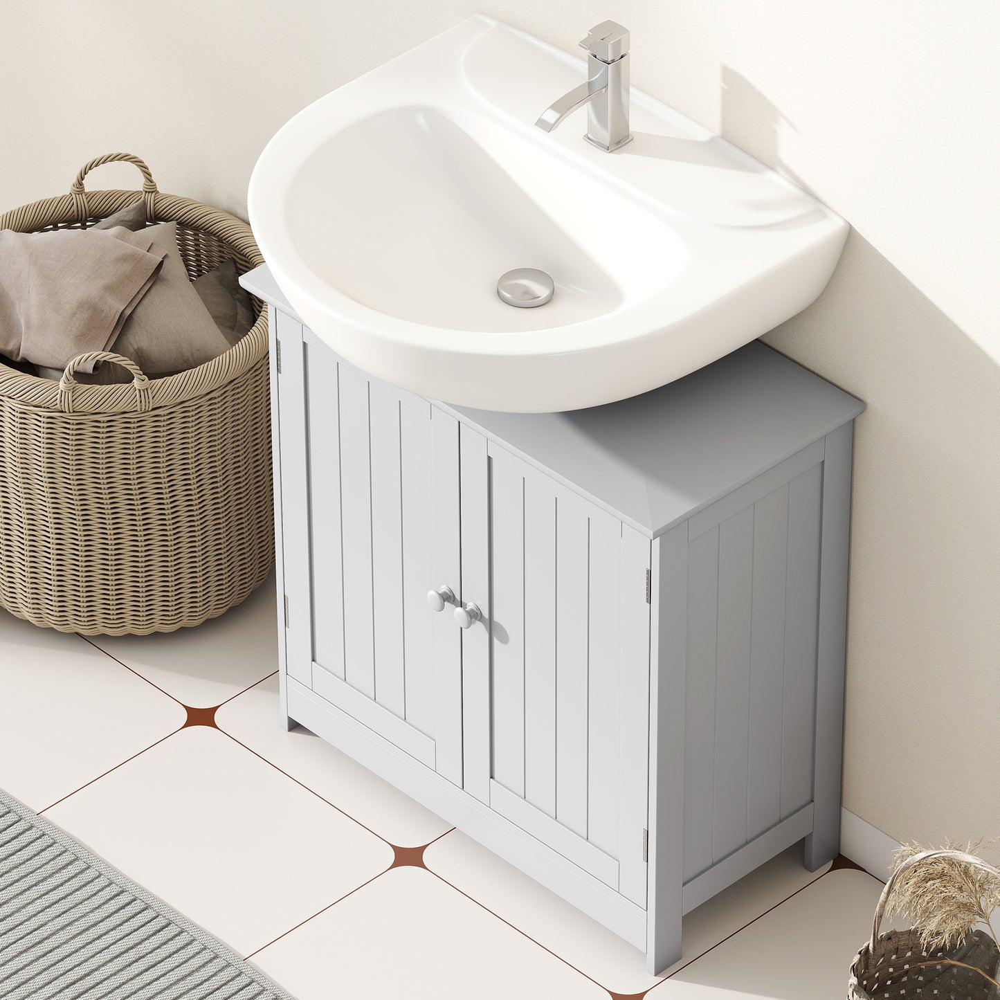 Under Sink Bathroom Storage Cabinet for Pedestal Sinks - Space Saving Vanity Organizer with Adjustable Shelf, Light Gray