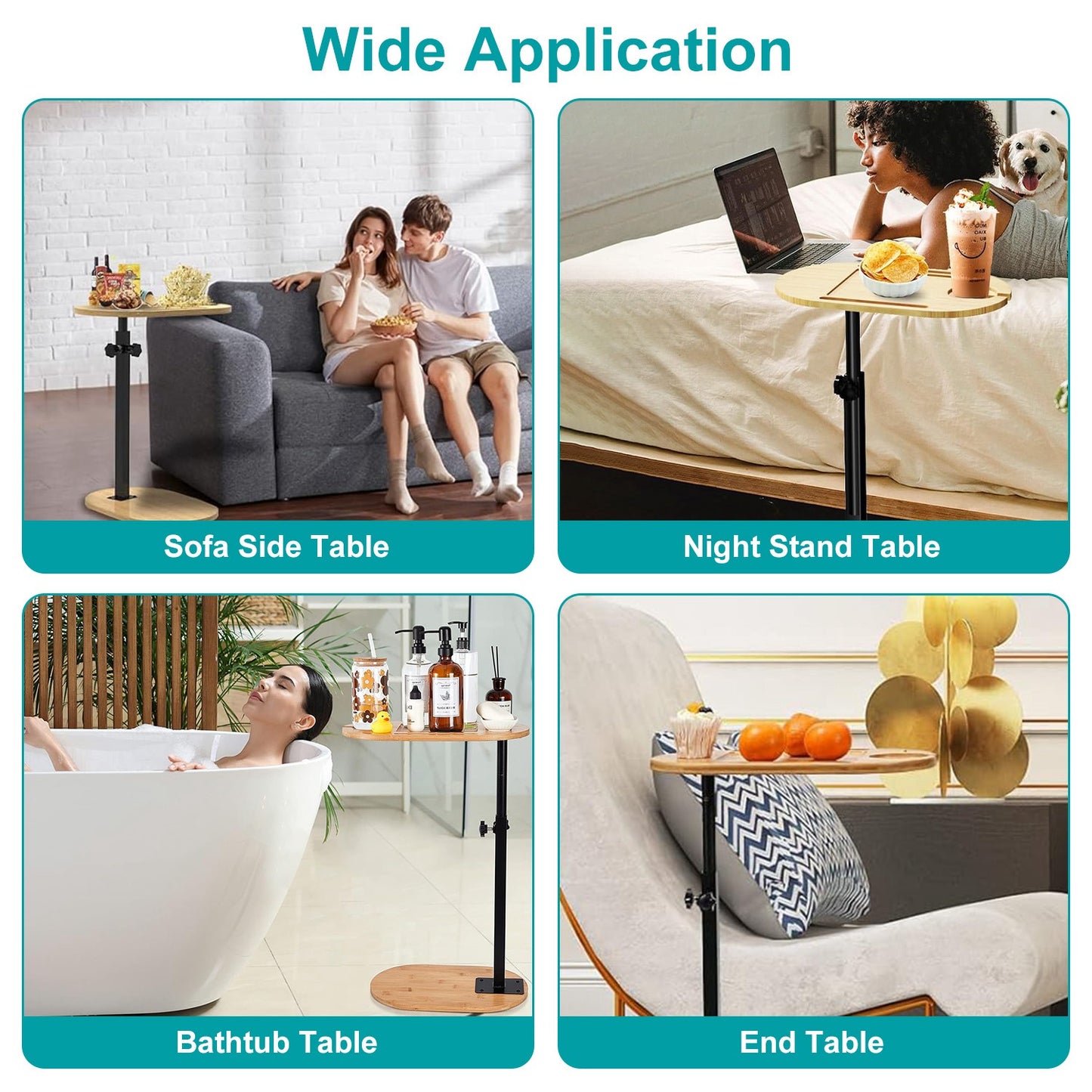 Adjustable C-Shaped Bath Tray Table - 360 degree Rotating Bamboo Bath Caddy for Tub, Sofa or Bed, Freestanding Side Table