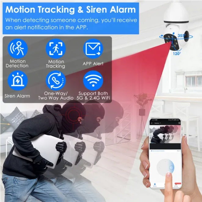 Smart Light Socket Security Camera - Motion Tracking, Night Vision & Two-Way Audio (WiFi Enabled)