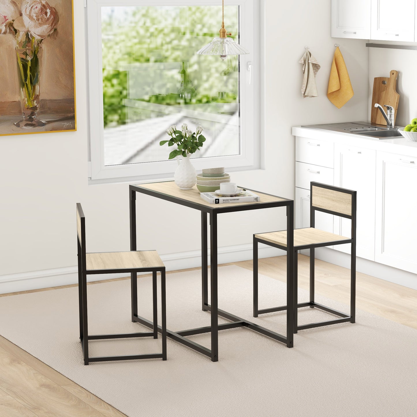 3-Piece Space-Saving Dining Set - Industrial Kitchen Table with 2 Chairs, Compact Small Space Dining Set (Oak & Black)