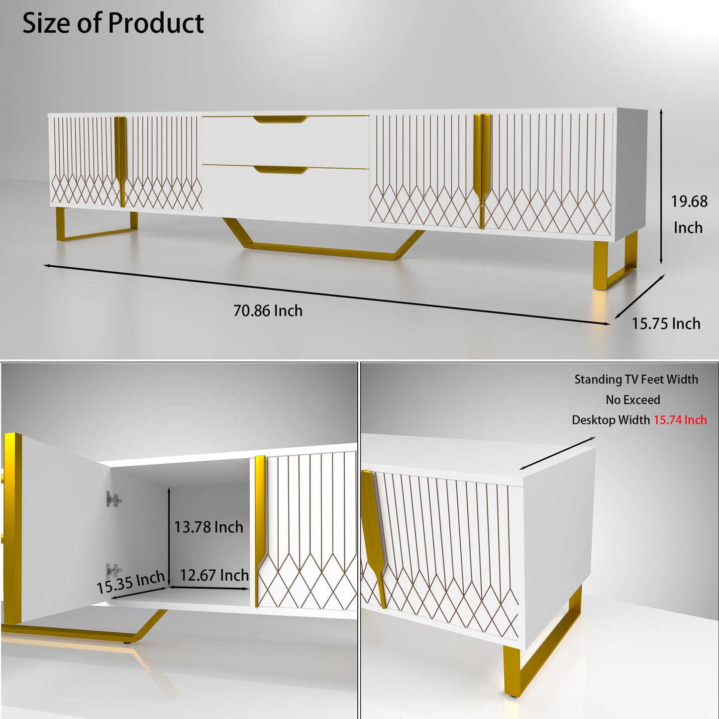 Modern White & Gold TV Console - Carved Cabinet Entertainment Center with Metal Legs (Up to 75" TVs)