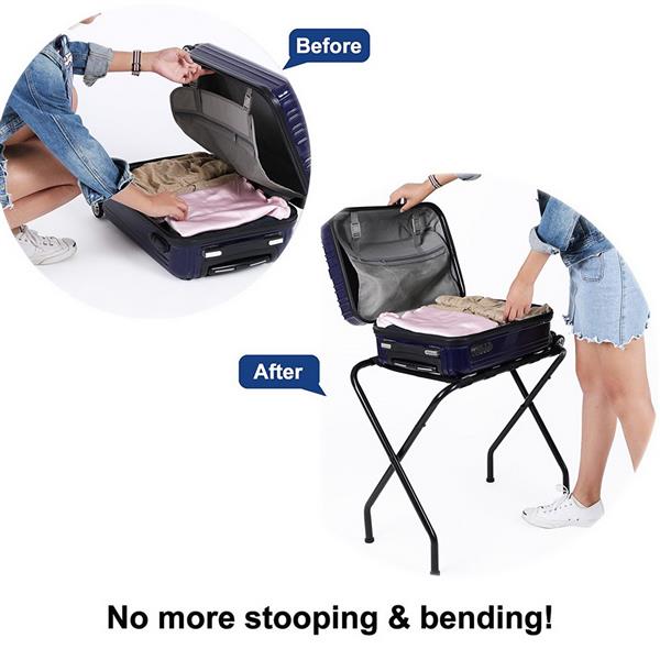 Folding Luggage Rack - Black Metal Suitcase Stand with Heavy-Duty Straps for Guest Room & Airbnb