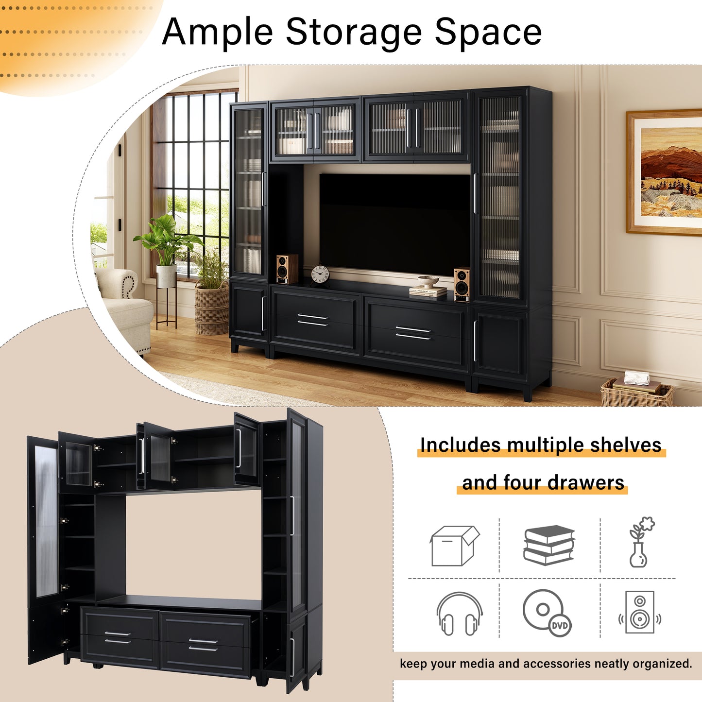 Vibe Haus 102" Black Wall Unit Entertainment Center - Modern Media Console with Glass Cabinets & Storage (Fits up to 75" TVs)