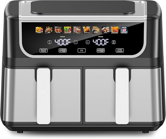 Dual Basket Air Fryer 9.5L - Double Drawer Air Fryer with Independent Temperature Control, Digital Display & 10 Preset Cooking Modes (Black/Gray)