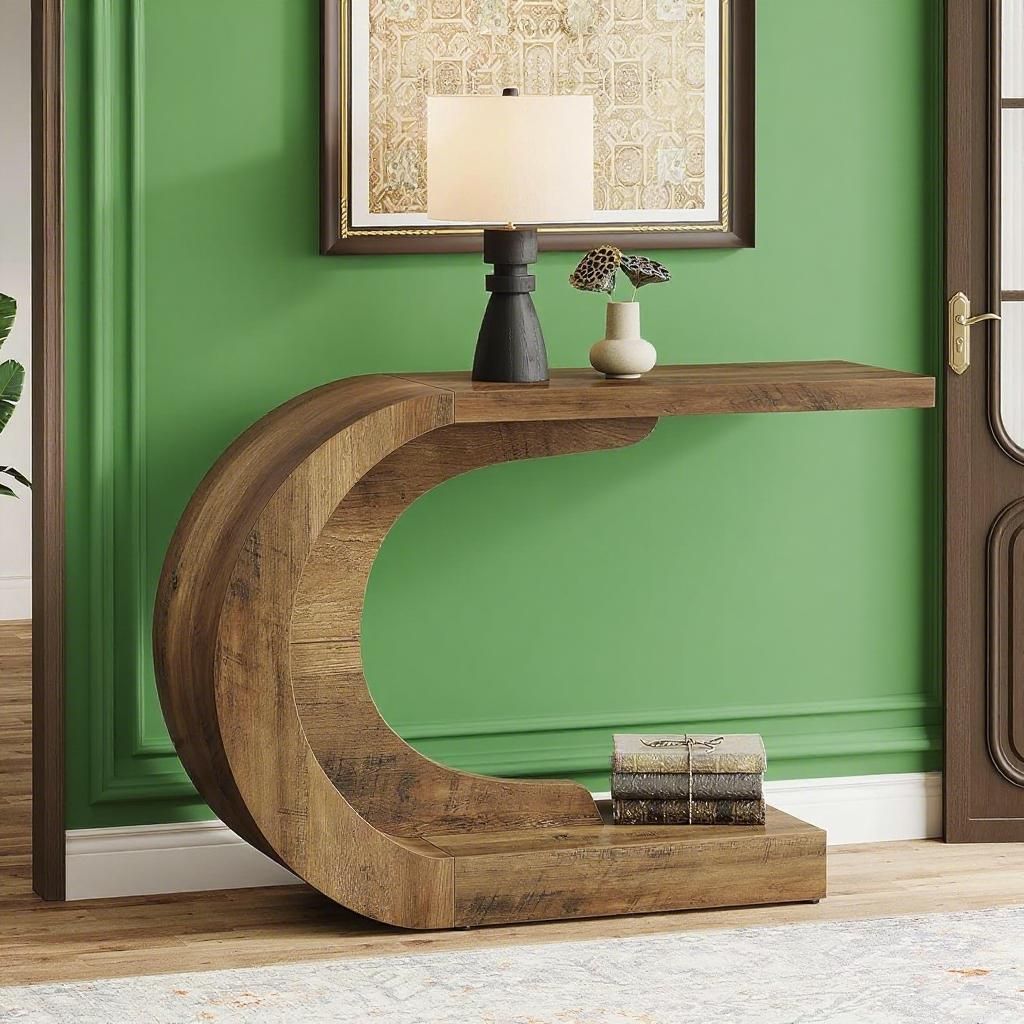 Modern Curved C-Shaped Console Table - Sculptural Wood Entryway Accent Table for Hallway or Living Room