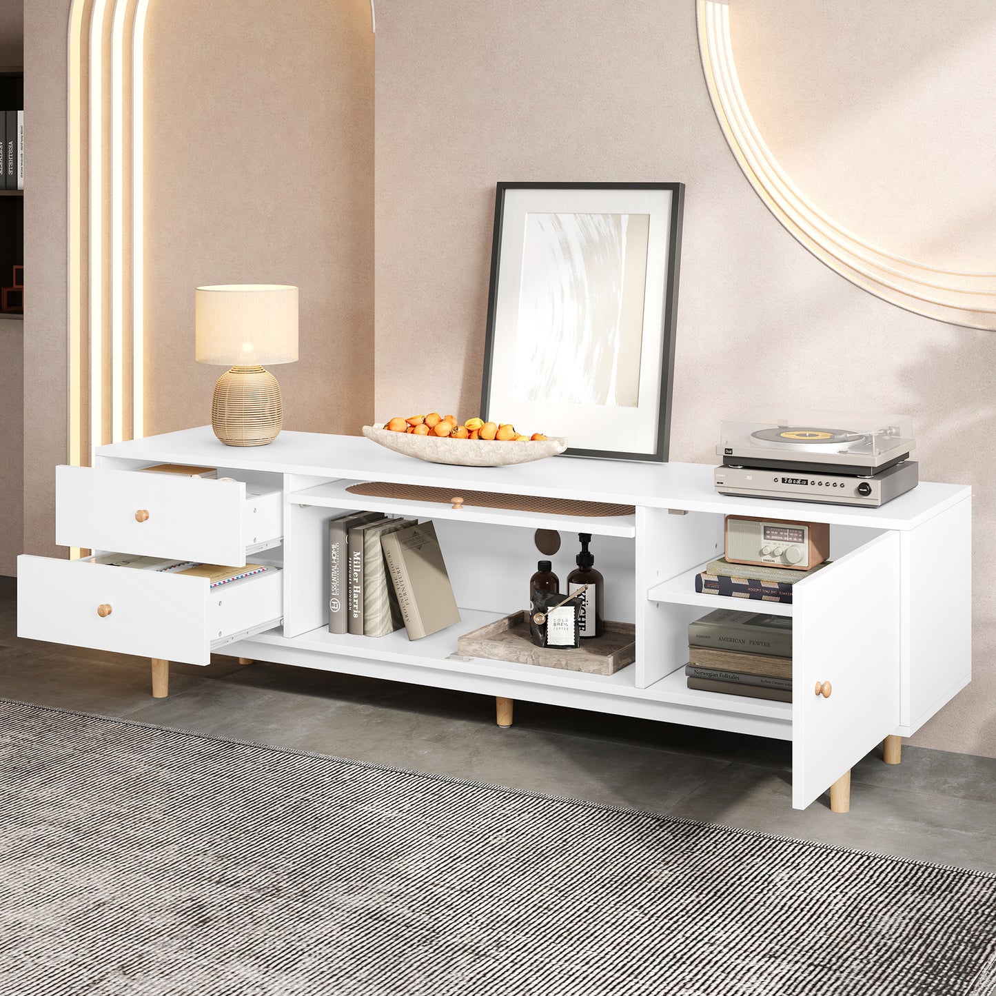 The "Grand Vista" 70" Boho-Rattan Console | Extra-Wide Media Center with Pine Wood Accents