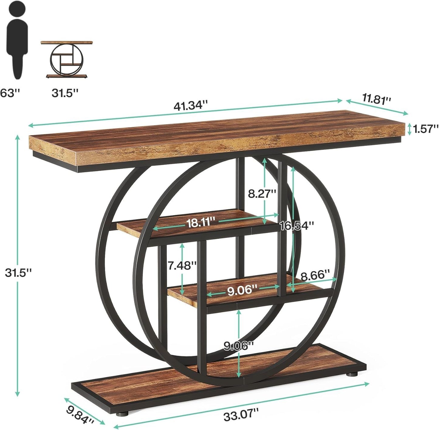 Rustic Industrial Circle Console Table - 41" Entryway Sofa Table with Multi-Tier Shelves