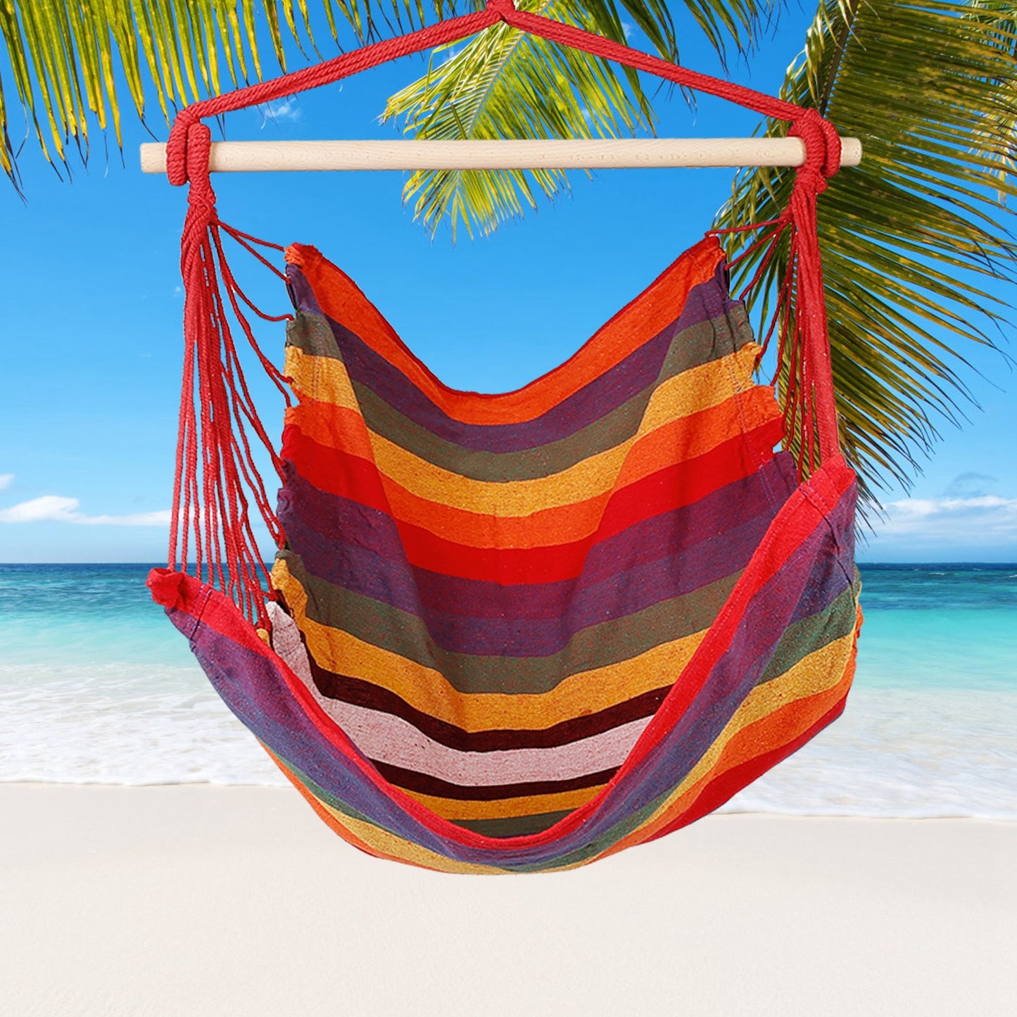 Striped Hanging Hammock Chair with Pillows - Canvas Swing Seat with Wooden Bar, Portable Indoor/Outdoor Rope Chair (Blue/Red)