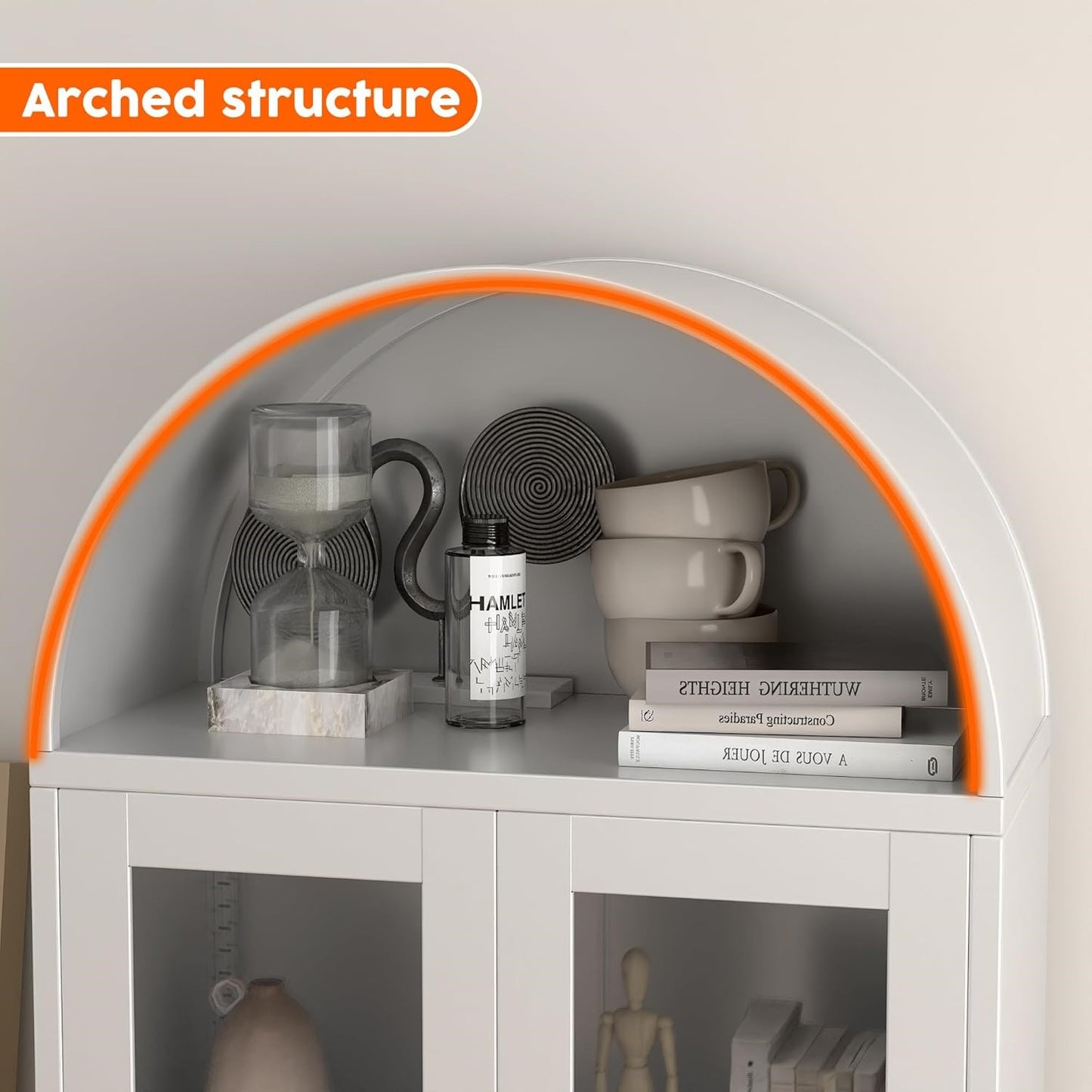 Modern Arched Storage Cabinet with Glass Doors - Tall White Display Pantry Organizer with Adjustable Shelves & Metal Frame