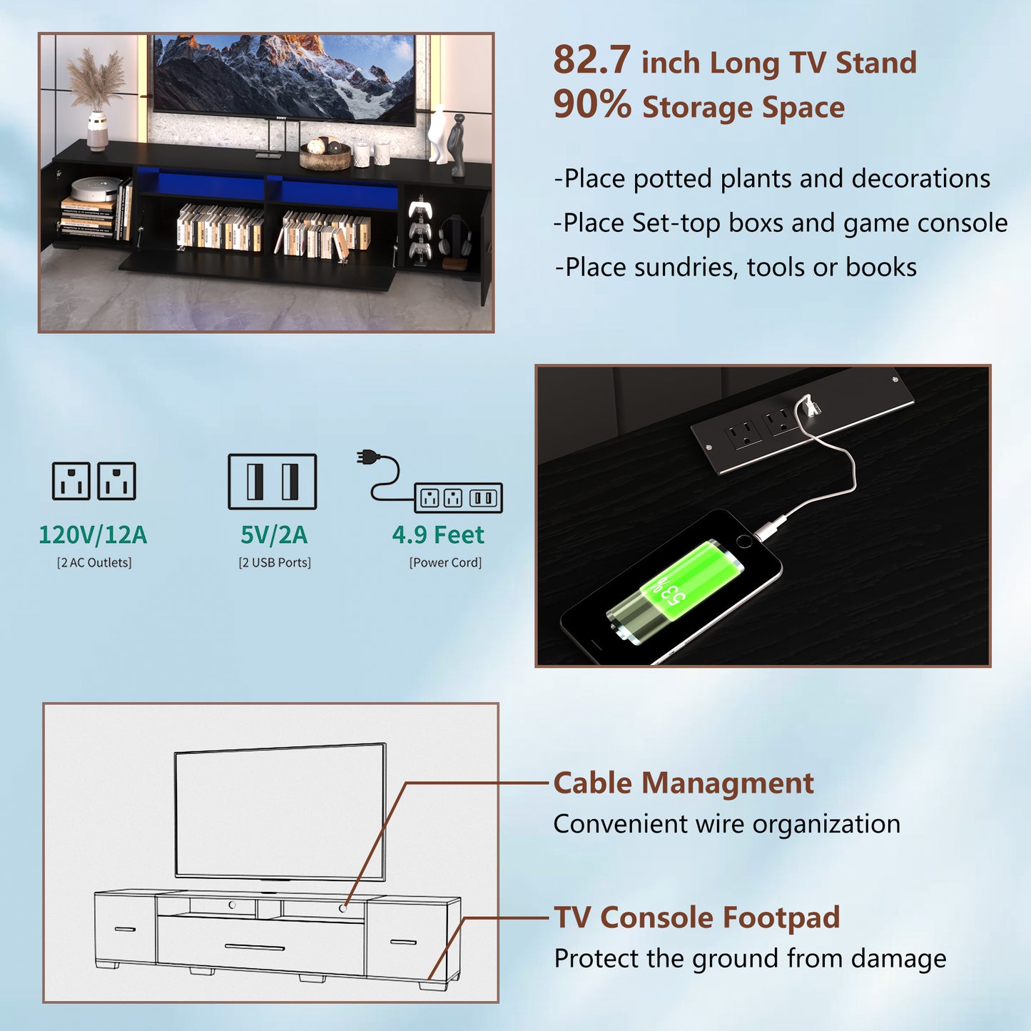 80" LED TV Stand with App Control - RGB Entertainment Center with Storage for Living Room or Gaming Setup