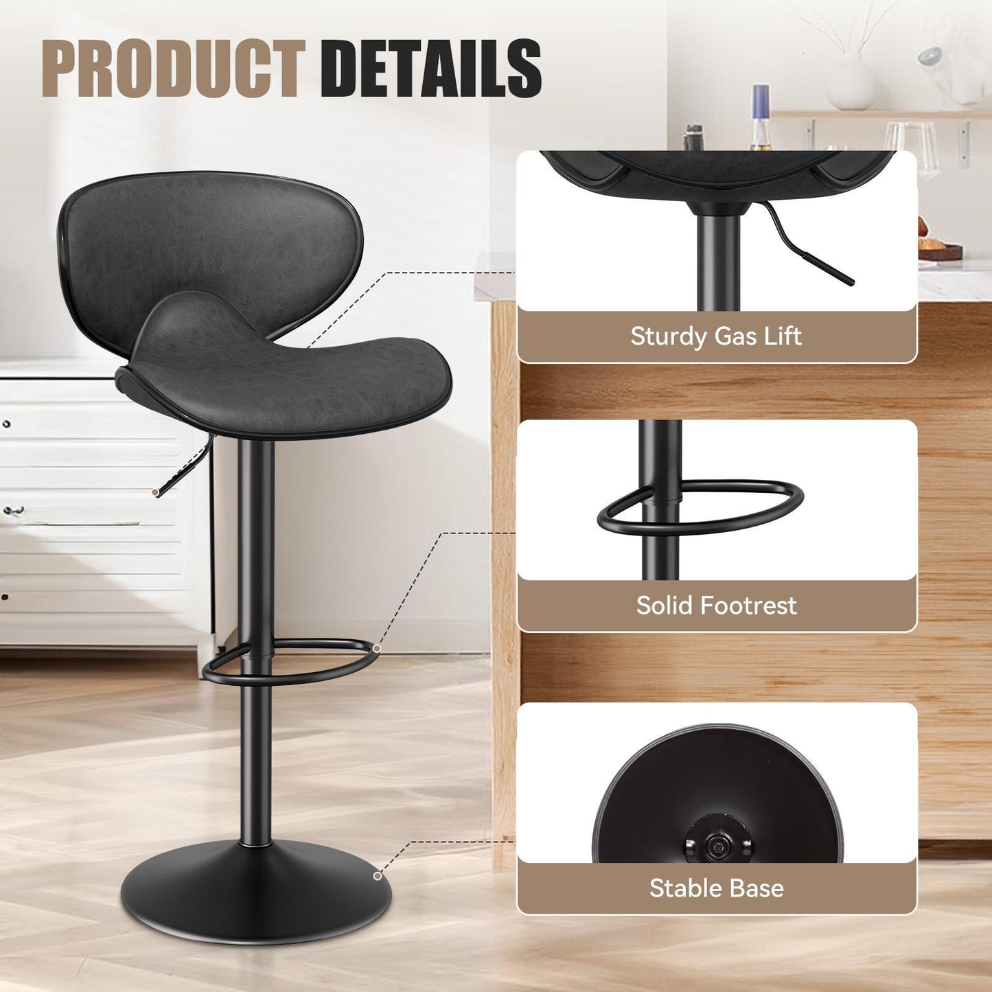 Modern Adjustable Swivel Bar Stools (Set of 2) - Black PU Leather Counter Height Chairs with Backrest & Footrest