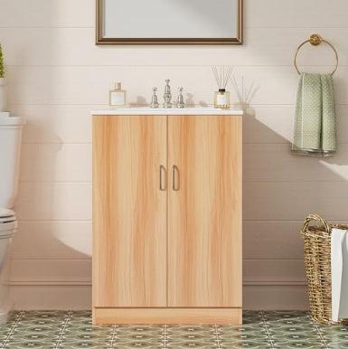 Modern Bathroom Vanity with Ceramic Sink - 24" or 30" Freestanding Cabinet, Soft-Close Doors