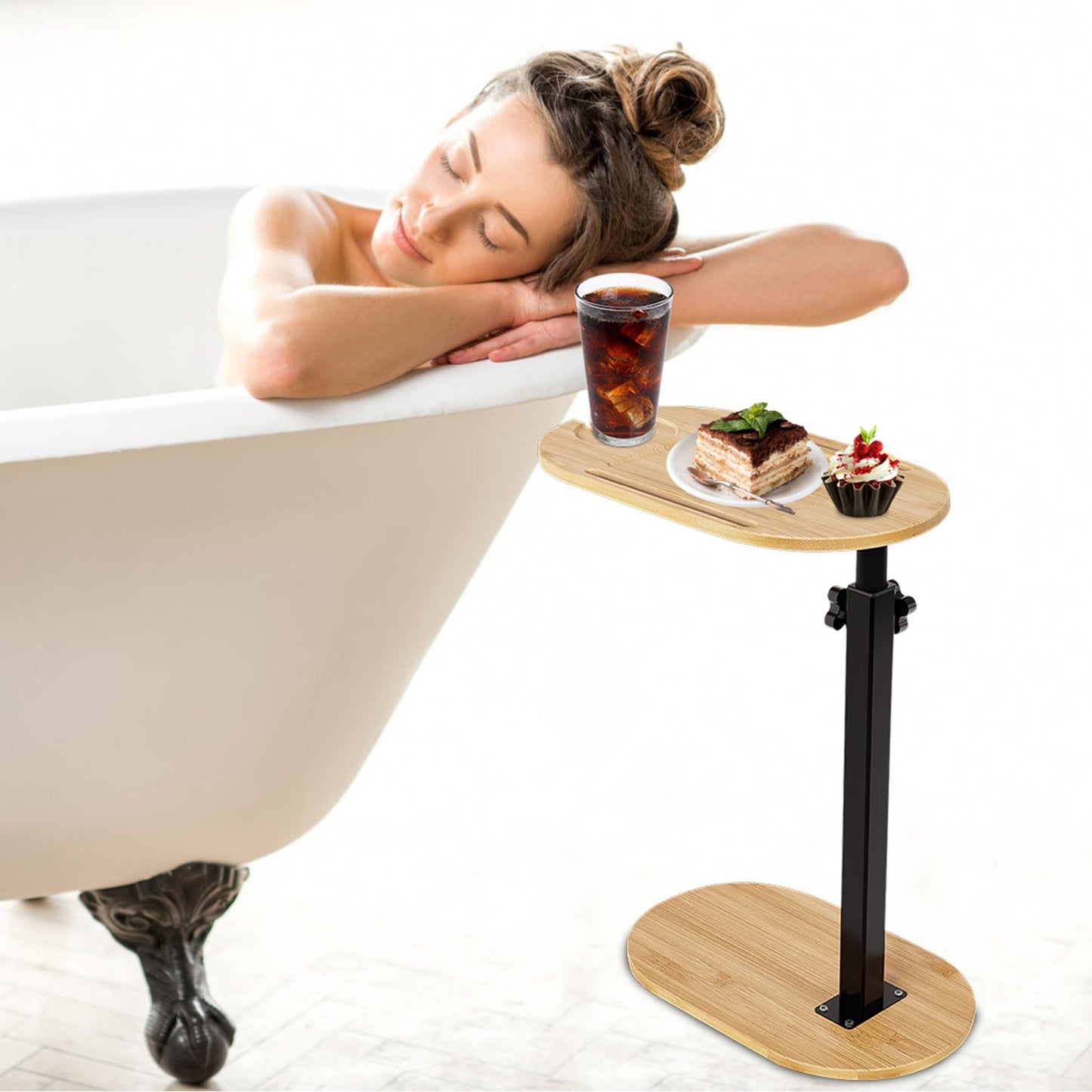 Adjustable C-Shaped Bath Tray Table - 360 degree Rotating Bamboo Bath Caddy for Tub, Sofa or Bed, Freestanding Side Table
