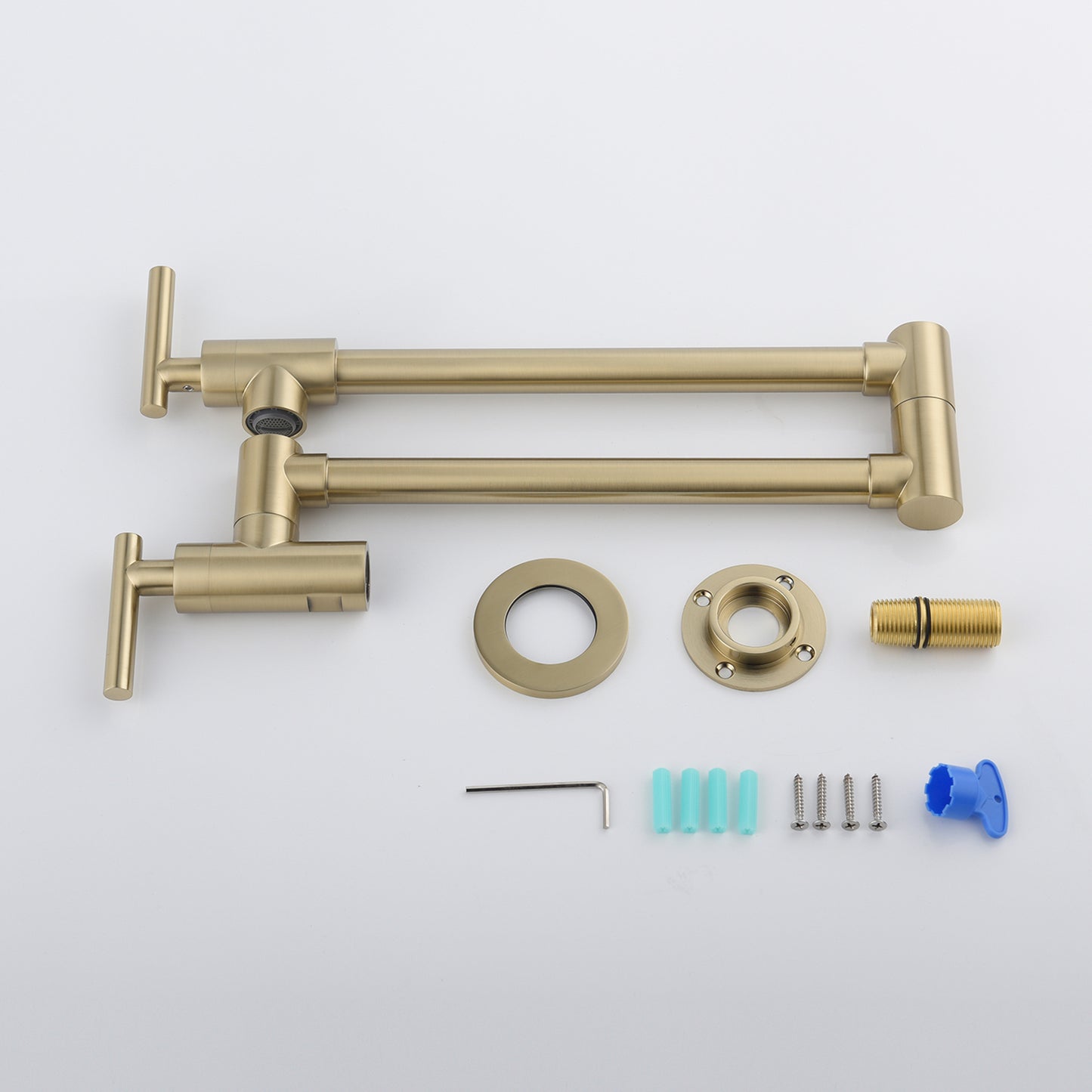 Brushed Gold Wall Mount Pot Filler Faucet | Dual Handle Folding Kitchen Faucet with 360 degree Swivel