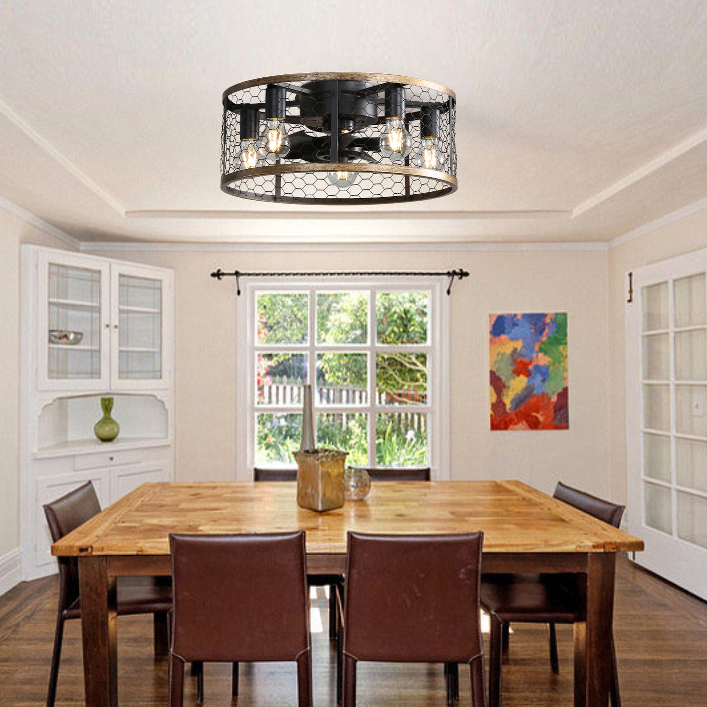 20" Industrial Caged Ceiling Fan with Light - Black Flush Mount, Remote Control, Reversible DC Motor