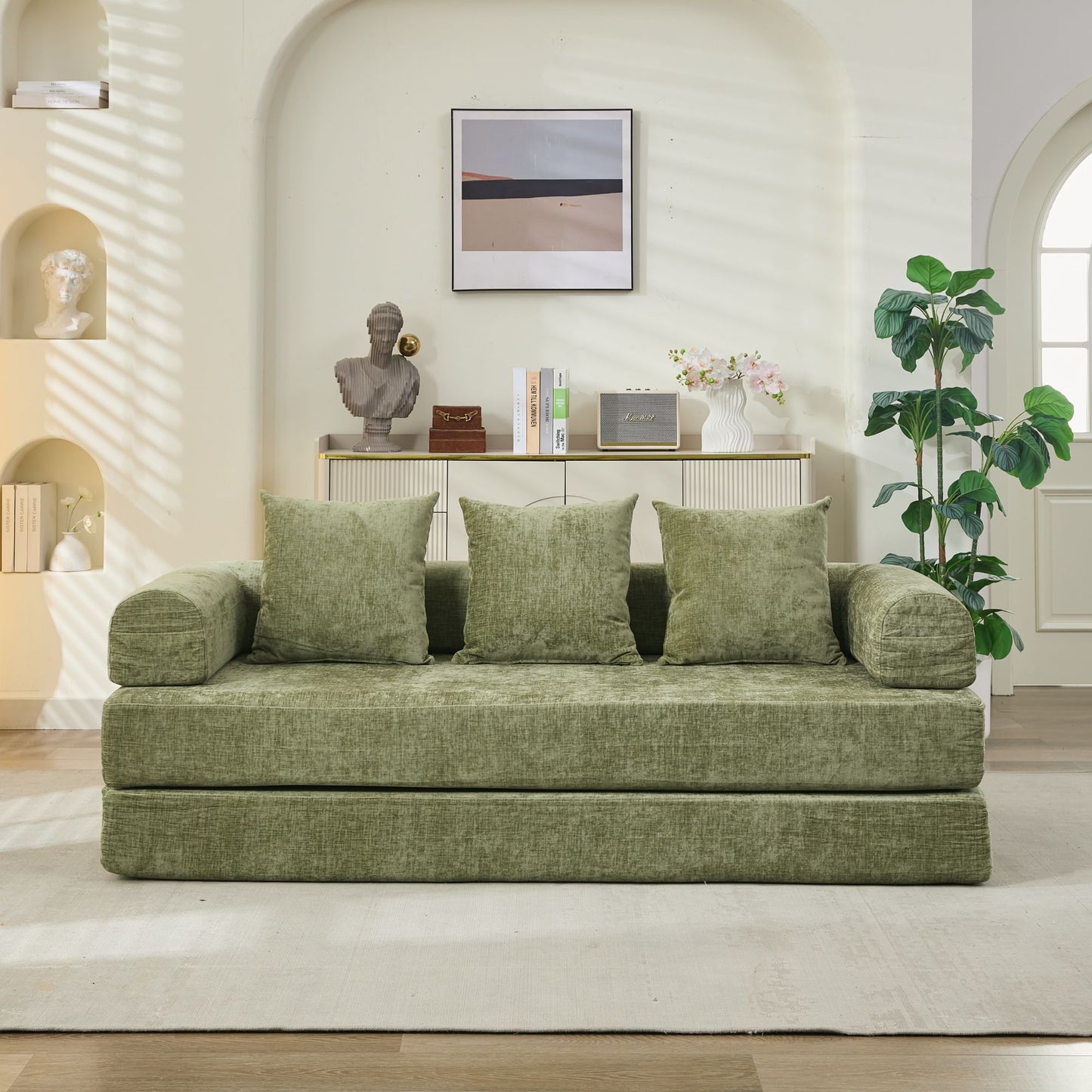 Convertible Floor Sofa Bed - Foldable Chenille Couch with Armrests & Pillows, Space-Saving Lounge Sleeper (Green)