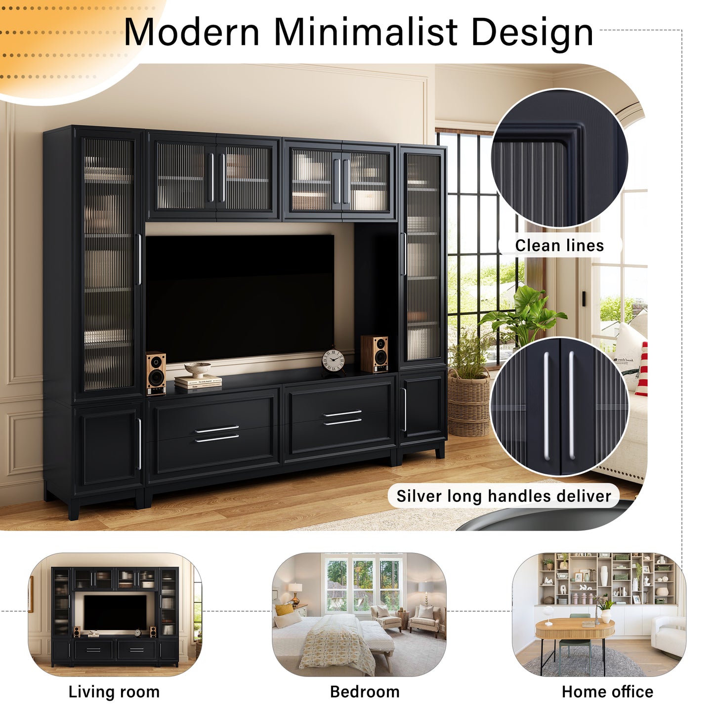 Vibe Haus 102" Black Wall Unit Entertainment Center - Modern Media Console with Glass Cabinets & Storage (Fits up to 75" TVs)