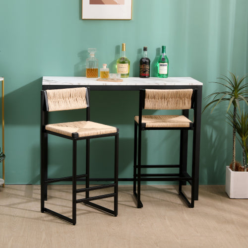 Farmhouse Woven Bar Stools Set of 2 - Natural Paper Rope Seat with Black Metal Frame, Counter Height Kitchen & Island Chairs