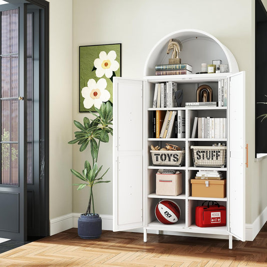 Modern Arched Storage Cabinet with Doors - Tall White Pantry Organizer with Adjustable Shelves | Kitchen, Dining, Bathroom or Living Room