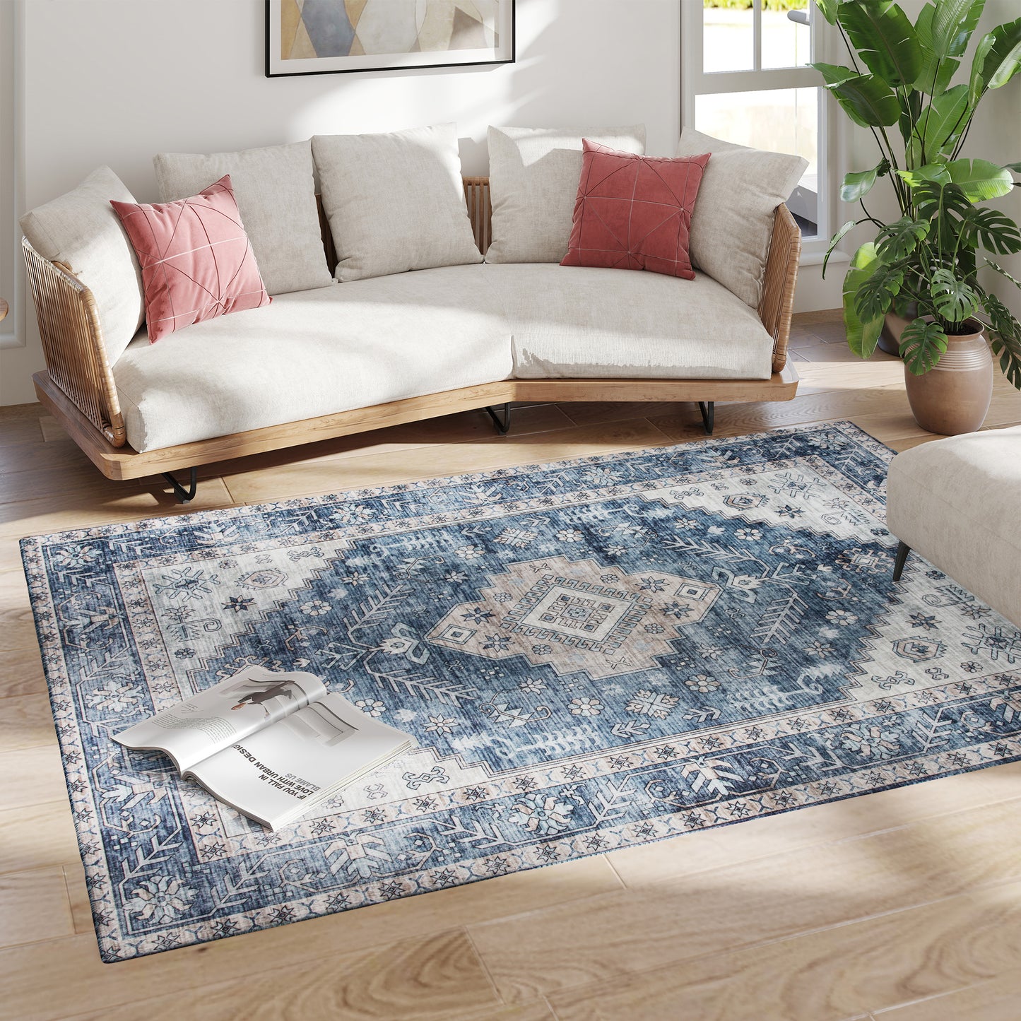 5x7 Vintage Washable Area Rug - Blue Distressed Non-Slip Carpet for Living Room, Bedroom & Dining Room | Soft Low Pile