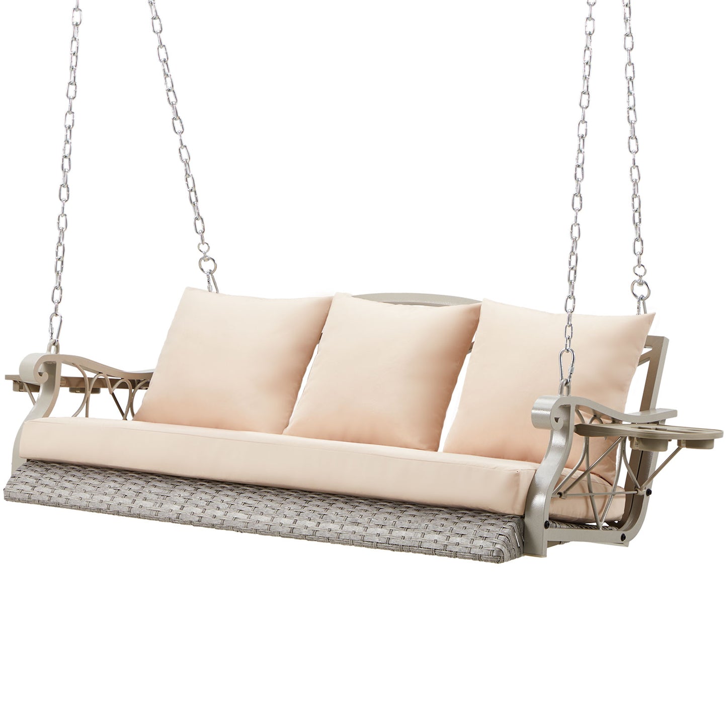 Outdoor Hanging Porch Swing Bench - Woven Rattan 3-Seat Swing with Cushions, Foldable Cup Holders & 900 lb Capacity (Chain Hung)