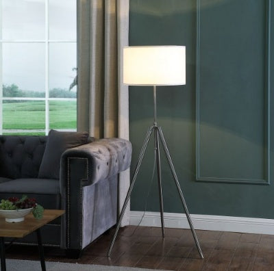 Mid-Century Adjustable Tripod Floor Lamp - Chrome Silver Metal Standing Lamp with Drum Shade, 47" - 64" Height