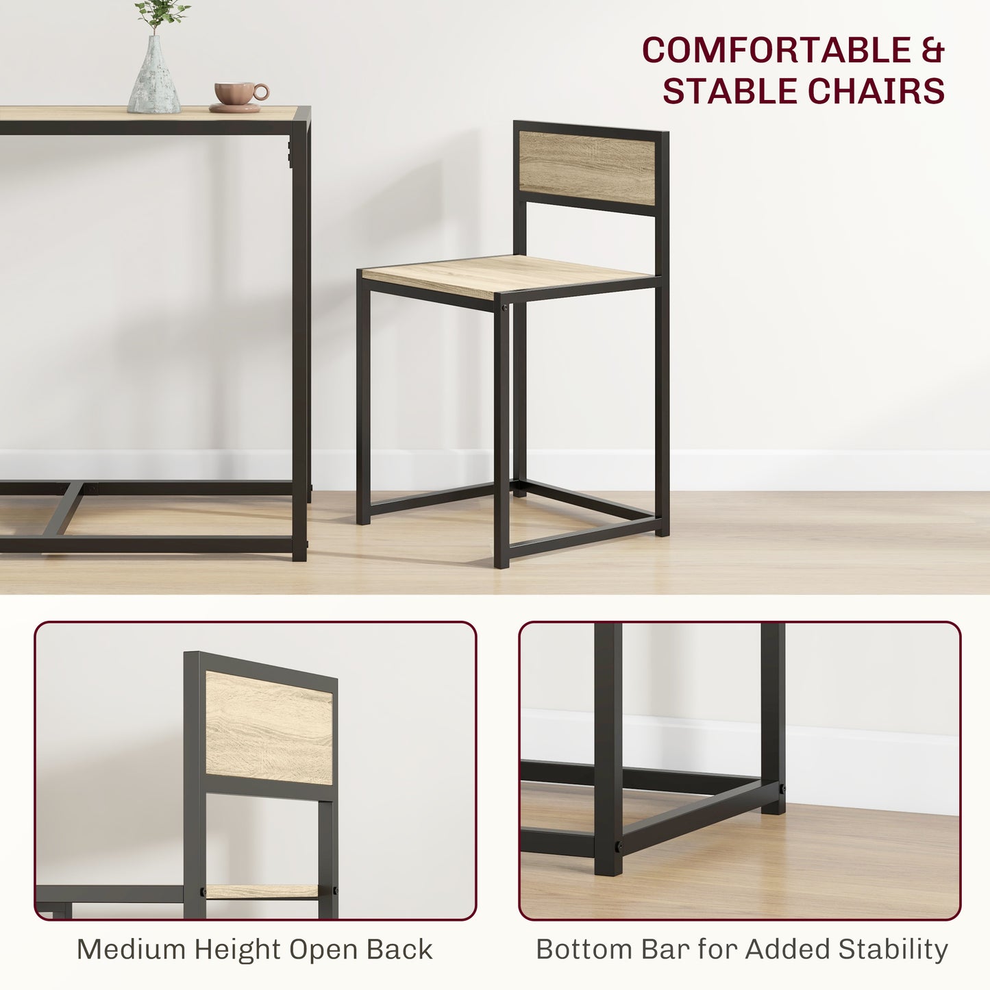 3-Piece Space-Saving Dining Set - Industrial Kitchen Table with 2 Chairs, Compact Small Space Dining Set (Oak & Black)