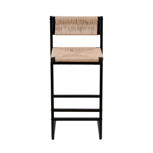 Farmhouse Woven Bar Stools Set of 2 - Natural Paper Rope Seat with Black Metal Frame, Counter Height Kitchen & Island Chairs
