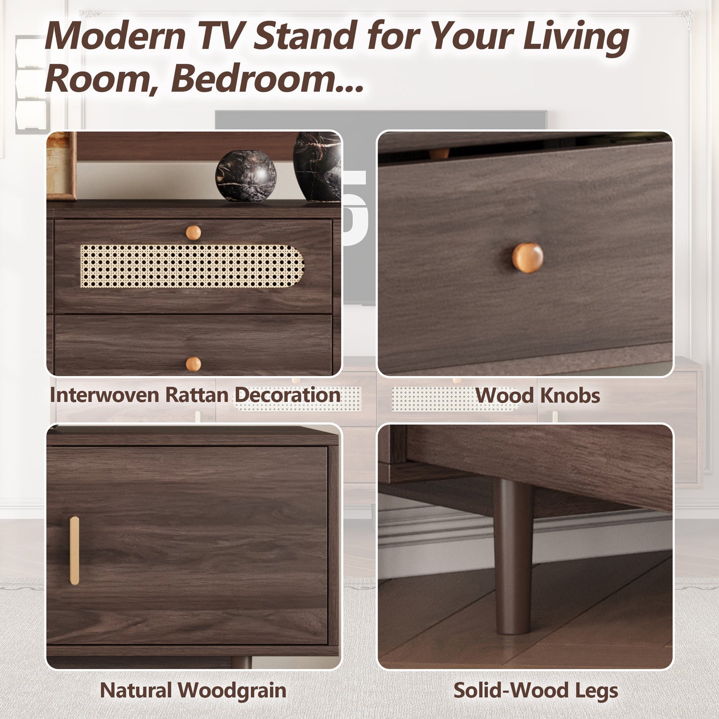 76" Modern TV Stand with Rattan Doors & Drawers - Entertainment Center for TVs up to 85" - Dark Brown Wood Media Console with Storage