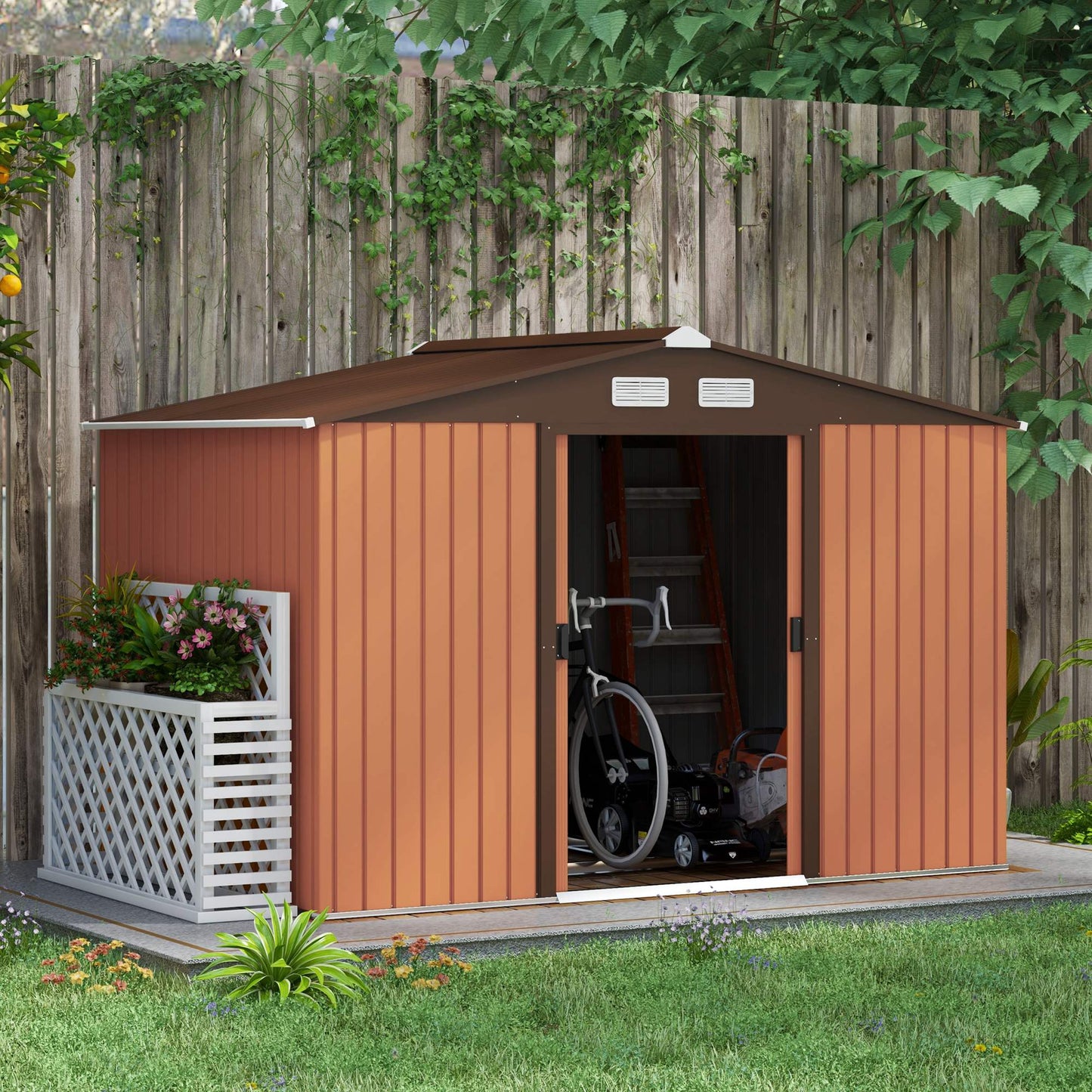 9x6 Outdoor Metal Storage Shed with Foundation Kit - Steel Garden Tool Shed with Sliding Double Doors & Ventilation