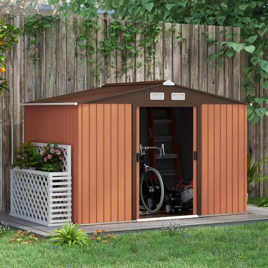 9x6 Outdoor Metal Storage Shed with Foundation Kit - Steel Garden Tool Shed with Sliding Double Doors & Ventilation