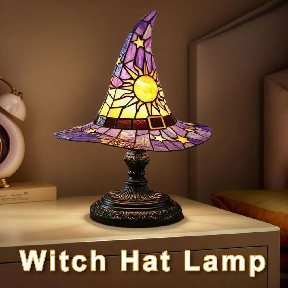 Witch Hat Stained Glass Table Lamp - Gothic Wizard Light, Halloween Decor, Witchy Bedroom Accent Lamp (4 Colors)