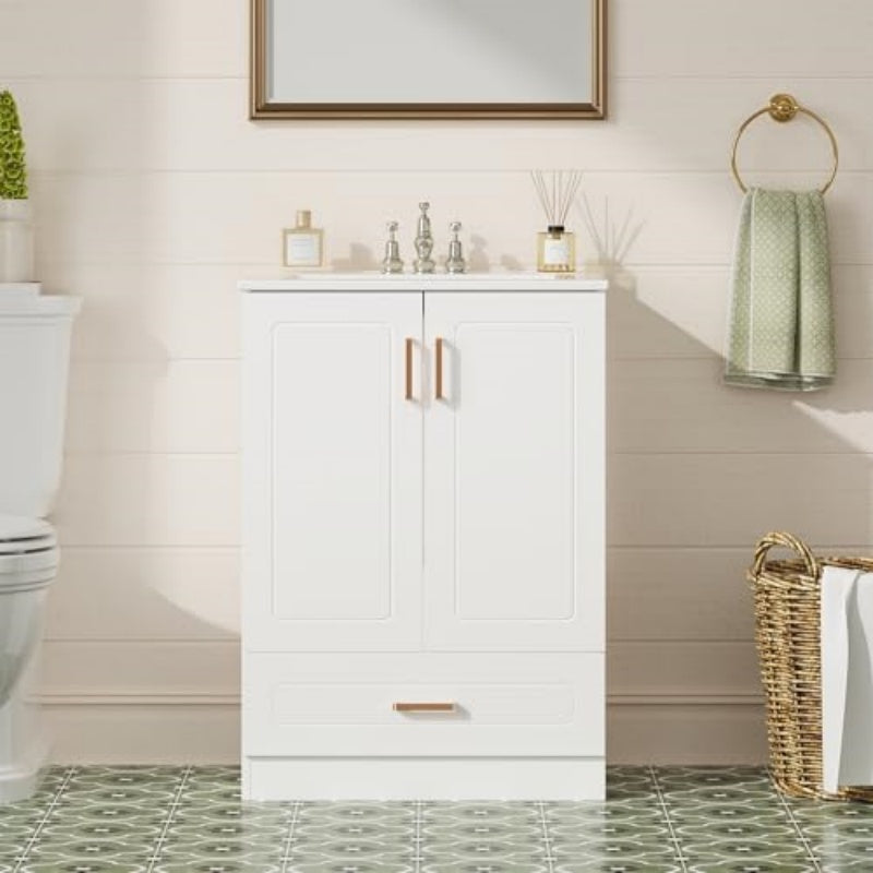 Modern Bathroom Vanity with Sink - 24" / 36" Storage Cabinet with Drawers & Ceramic Basin (White)