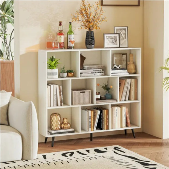 Modern 10-Cube Storage Bookcase with Metal Legs - 3-Tier Organizer Shelf (White/Black)