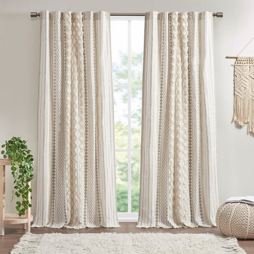 Ivory Boho Cotton Curtain Panel with Chenille Stripe - 50 x 84 Light Filtering Window Curtain (Single Panel)