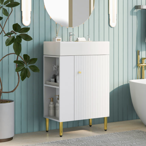 Modern 21.6" Bathroom Vanity with Sink - White Cabinet, Gold Legs & Side Storage for Small Spaces