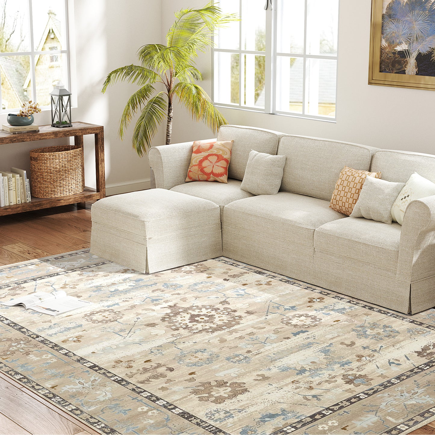 8x10 Vintage Boho Area Rug - Soft Washable Low Pile Carpet, Neutral Cream with Subtle Blue Accents