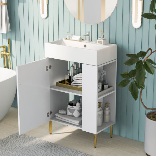 21.6" White Bathroom Vanity with SInk - Compact Storage Cabinet with Gold Accents