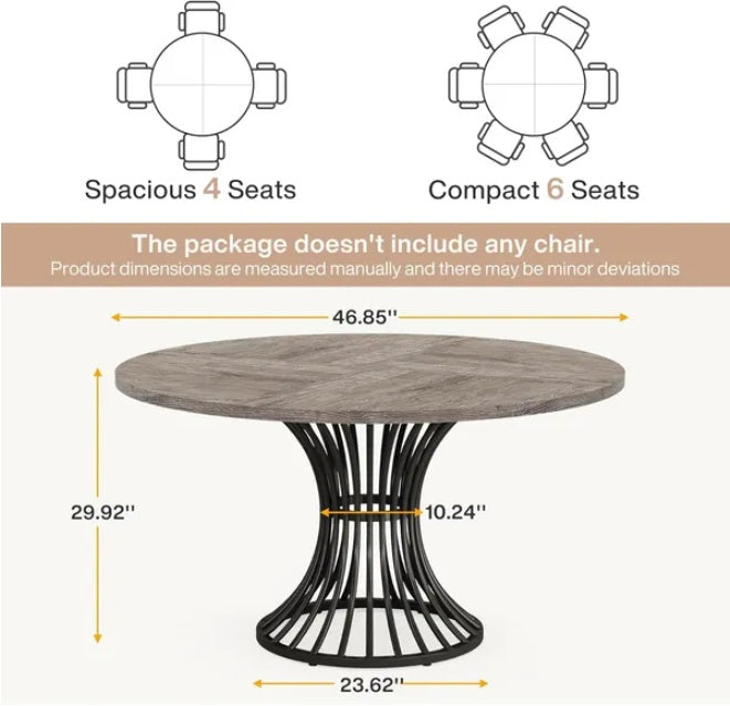 Modern Round Pedestal Dining Table - 47" Mid-Century Style Wood Grain Top with Sculptural Base