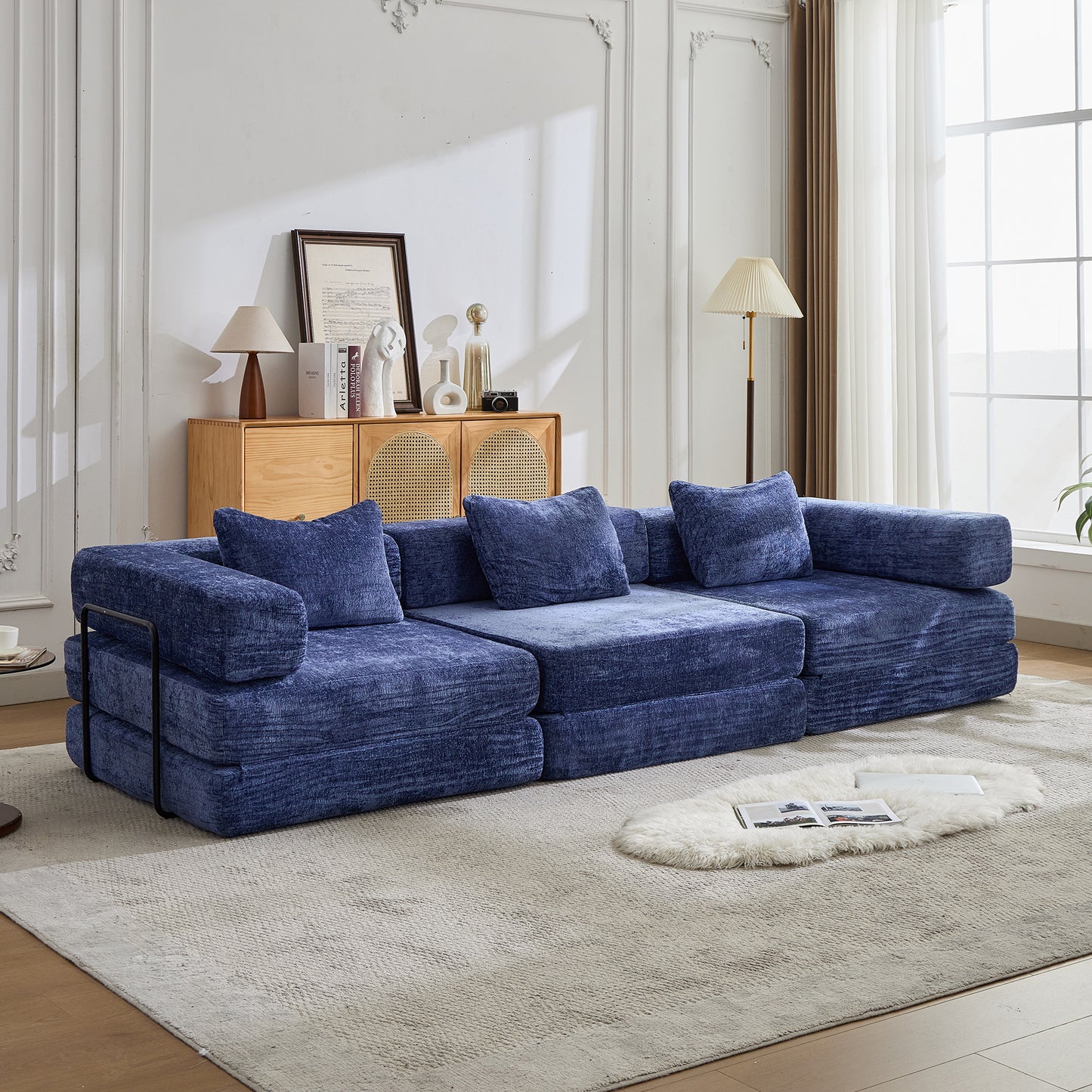 Modular Compression Sofa Bed - 3-Seat Convertible Chenille Sectional with Memory Foam, No Assembly (Blue)