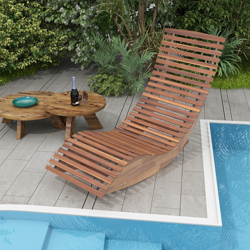 Outdoor Acacia Wood Rocking Lounge Chair - Ergonomic High Back Slatted Patio Rocker | Natural Finish Sun Lounger for Porch, Deck & Garden