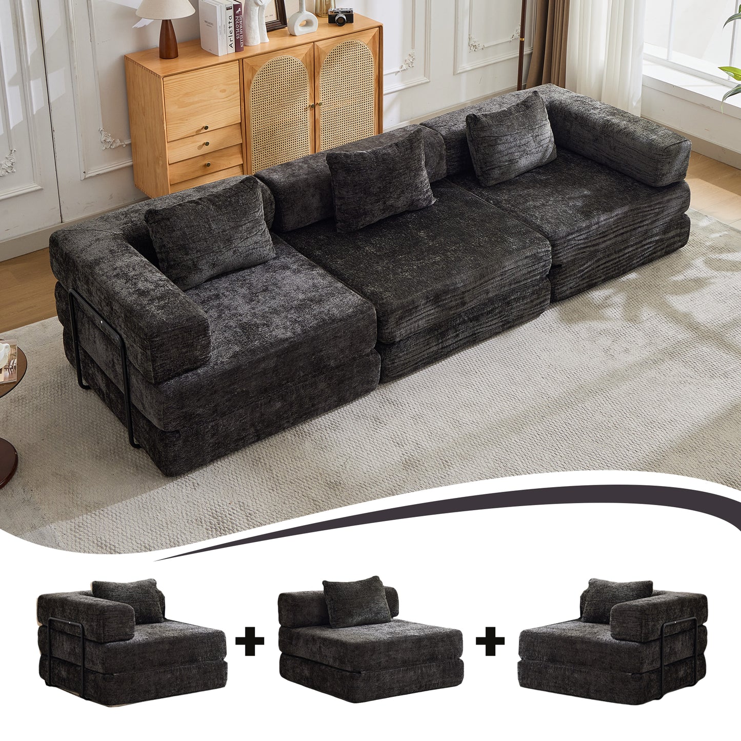 Modular Compression Sofa Bed - Convertible 3-Seater Floor Sofa with Memory Foam | Black Chenille Sleeper Sectional