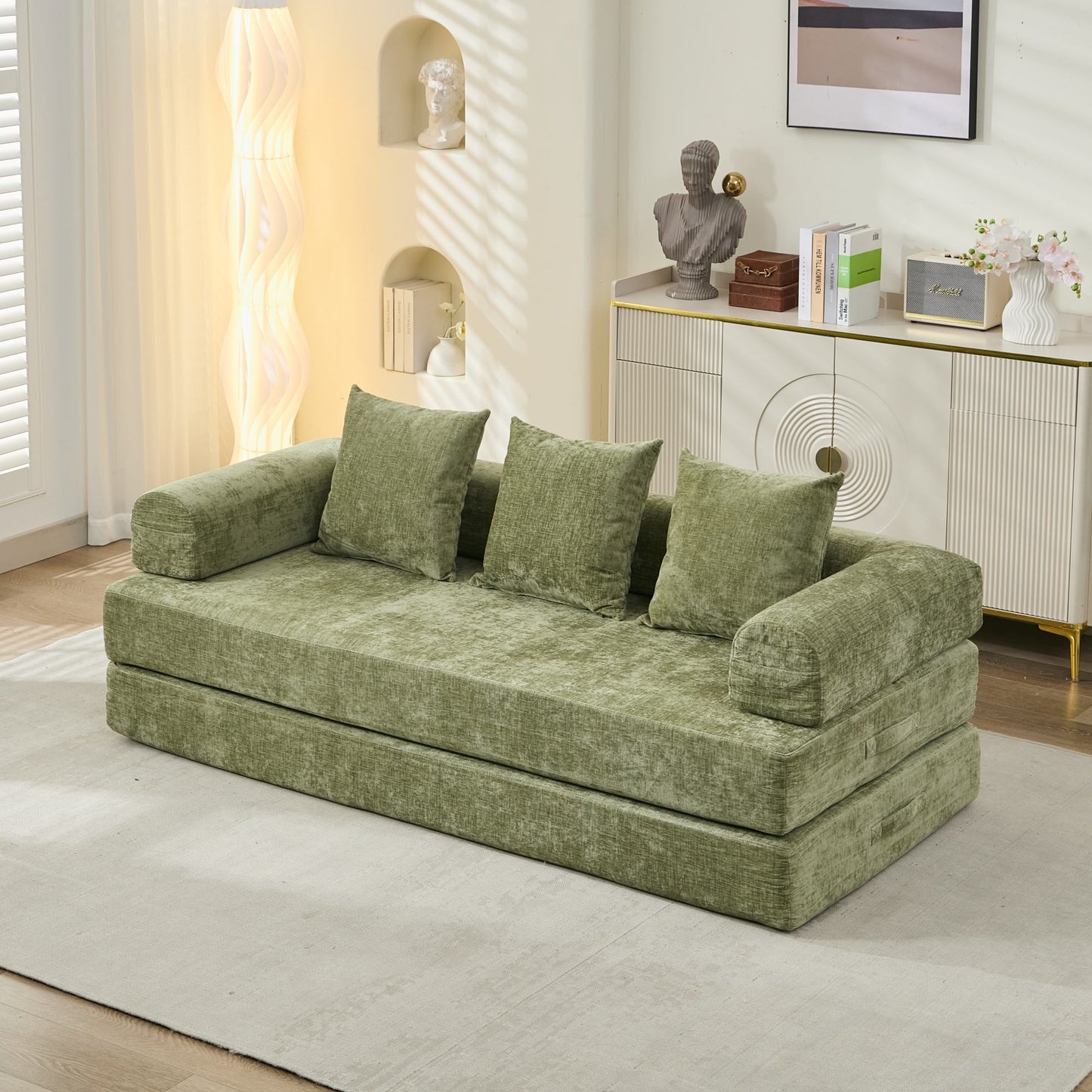 Convertible Floor Sofa Bed - Foldable Chenille Couch with Armrests & Pillows, Space-Saving Lounge Sleeper (Green)