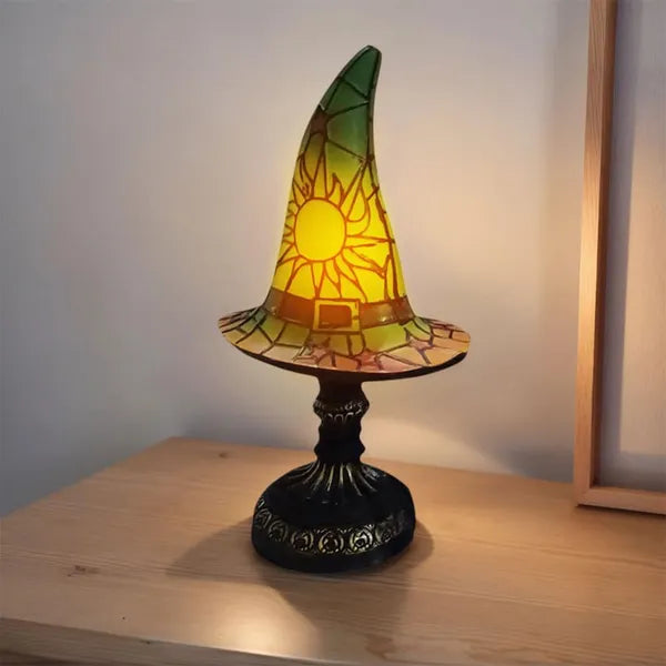 Witch Hat Stained Glass Table Lamp - Gothic Wizard Light, Halloween Decor, Witchy Bedroom Accent Lamp (4 Colors)